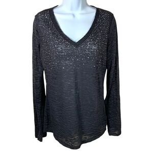 M Apostrophe Black Silver Rhinestone Long Sleeve Top V Neck Stretch Medium